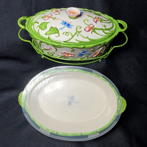 Temptations by Tara Green Dragonfly Ovenware Covered Casserole Set Oval 2qt, 1qt - Picture 14 of 14